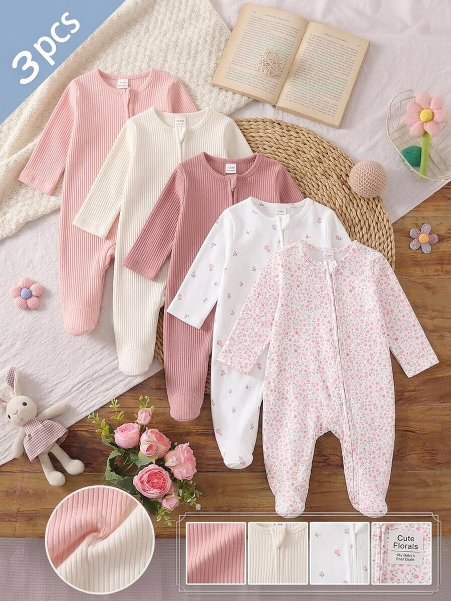 3 Pieces Newborn Footed Rompers, Cute Ribbed Plain Knit Mid-Stretch Comfortable Soft Floral Print Pattern, Best Gift For Newborns - Multicolor - View 1