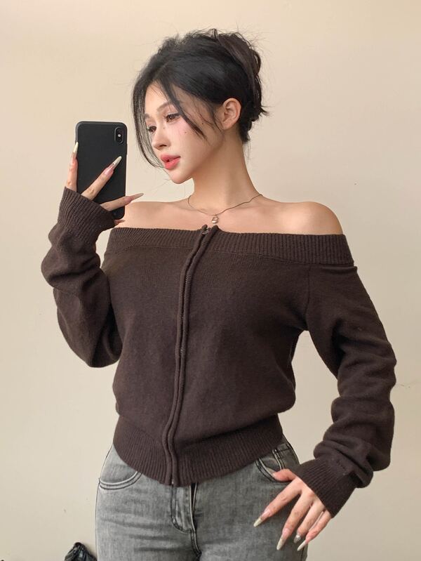 DAZY Women's Casual Solid Color Off-Shoulder Cardigan, Autumn/Winter