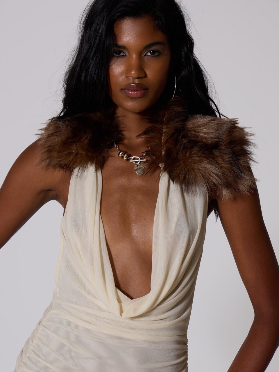 White Cowl Front Ruched Fur Trim Mini Dress