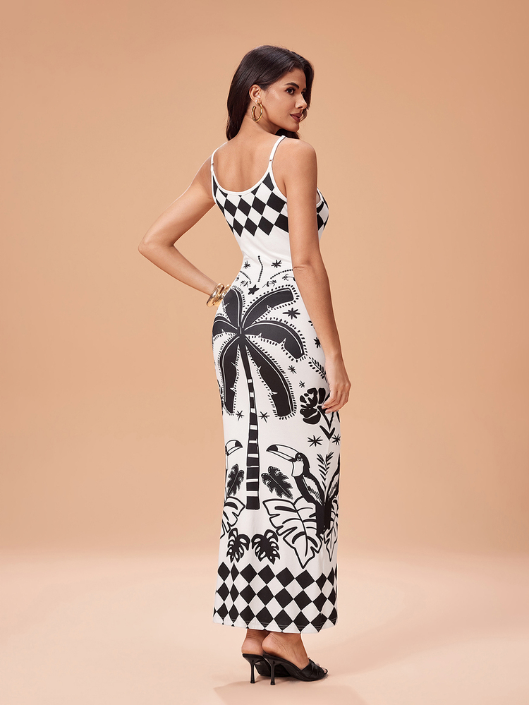 Glamance White And Grey Vacation-Style Floral Print Spaghetti Strap Maxi Dress, Elegant Mature Casual Sexy For Outings, Work, Office, Daily Wear, Gatherings, Parties, Birthdays, Vacations, Middle East Travel, Beach, Swimwear, Bohemian, Halloween, Back To School, Independence Day, Summer - White - View 2