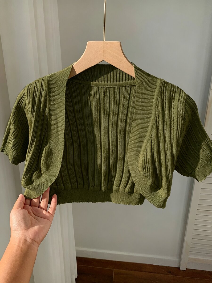 SHEIN EZwear 純色短袖短版針織開襟衫 - 軍綠色 - 查看 1