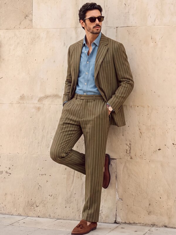 Suiteron Men's Striped Long Sleeve Jacket And Pants Casual Suit Set