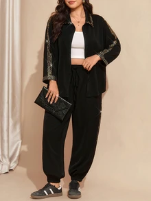 Comfylo Plus Size Sequin Long Sleeve Shirt And Cuffed Pants 2 Pieces Set - Black - View 4