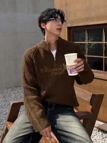 DAZY Men's Embroidered Street Vintage Zip Half-Placket Sweater - Brown - View 3