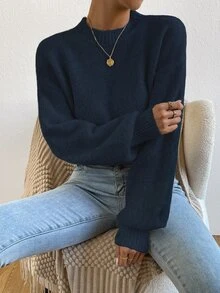 SHEIN 女款極簡優雅海軍藍圓領針織燈籠袖套頭衫，適合日常購物、休閒、度假、旅行、約會 - 藏蓝色 - 查看 6