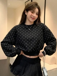 DAZY Women's Polka Dot Print Crew Neck Drop Shoulder Long Sleeve Sweatshirt Fall - Black - View 2
