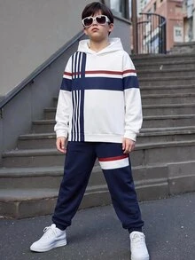 SHEIN 2件組兒童青少年男孩休閒百搭條紋圖案連帽衛衣與長褲套裝，適合通勤、上學、日常休閒穿著、外出與運動 - 白色 - 查看 4