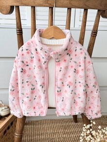 SHEIN 新生兒花卉毛茸茸外套 - 粉色 - 查看 3