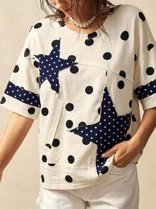 Bohemela Women's Polka Dot Print Star Patchwork T-Shirt - Multicolor - View 8