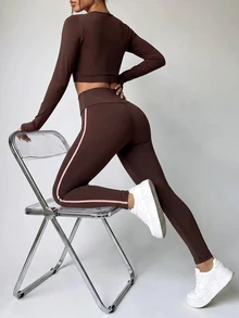 SHEIN Dewbera Women's Colorblock Long Sleeve Top And High Waist Leggings Casual Daily Sports Set - Coffee Brown - View 2