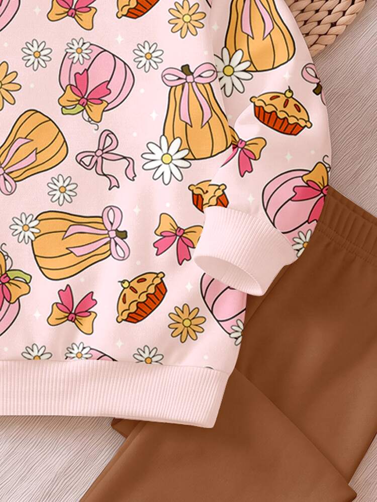 Sweet Pink Pumpkin Patch & Oat Cookie Color, Cute Pastoral Country Style Colorful Bows Pumpkin, Pumpkin Pie, Floral Print, Baby Girl Casual Crew Neck Long Sleeve Sweatshirt & Leggings 2-Piece Set, Autumn/Winter New Style Suitable For Daily, Farm, Halloween, Thanksgiving, Rich Autumn Vibe, Pumpkin Patch Family Outing - Multicolor - View 8