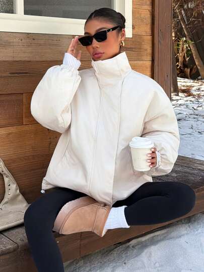 Muchica Off-White 女款編織冬季保暖外套，加厚款，適合秋冬新年日常外出與夜店，極簡休閒風