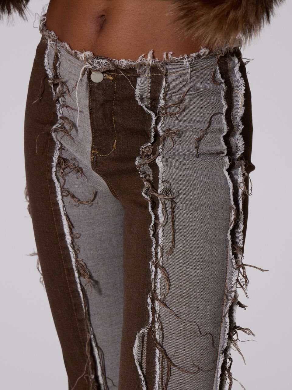 Brown Denim Low Rise Denim Patchwork Flared Leg Jeans