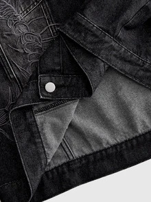 ROMWE MEN Men's Vintage Black Washed Denim Jacket, Gothic Centipede Embroidery Lapel Button-Up, Y2K Dark Punk Street Style Long Sleeve Denim Jacket, Loose Fit Washed Workwear Denim Top, Suitable For Autumn/Winter Daily Streetwear - Black - View 6