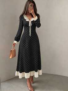 SHEIN Women's French Polka Dot Print Tie Strap Dress - Black - View 6
