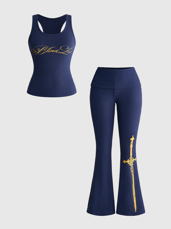 ROMWE Avant Set casual da donna 2 pezzi con canotta con stampa a croce e slogan e pantaloni a zampa Y2K Aesthetic