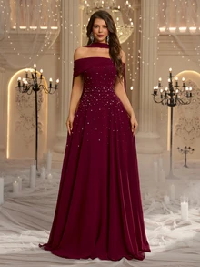 Glamrae Elegant Luxurious Beaded Diamond Sexy Off Shoulder A-Line Chiffon Ruched Dress With Halter Neck, Suitable For Wedding, Party, Bachelor Party, Vacation, Ball, Evening Gala - Burgundy - View 5