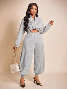 Brilight Grey Ribbed Knit 2 Pieces Loungewear Set V Neck Long Top High Waist Jogger Pants For Daily Lounge Str - Grey - View 12