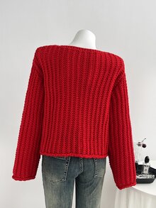 Sweetra Vintage French Style Round Neck Large Button Chunky Knit Cardigan - Red - View 2