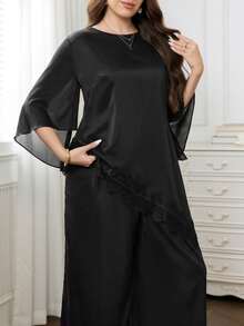 Reflora Plus Size Women Lace Patchwork Top And Pants Casual Daily 2 Pieces Set - Black - View 5