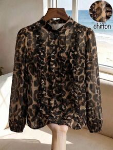 SHEIN Clasi Plus Size Women's Leopard Print Patchwork Ruffle Chiffon Elegant Blouse - Brown - View 1