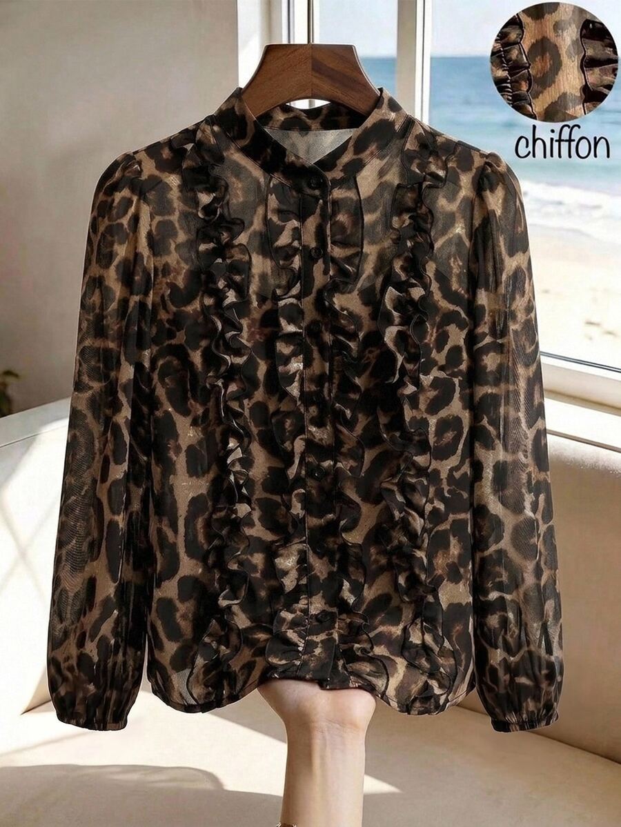 SHEIN Clasi Plus Size Women's Leopard Print Patchwork Ruffle Chiffon Elegant Blouse - Brown - View 1