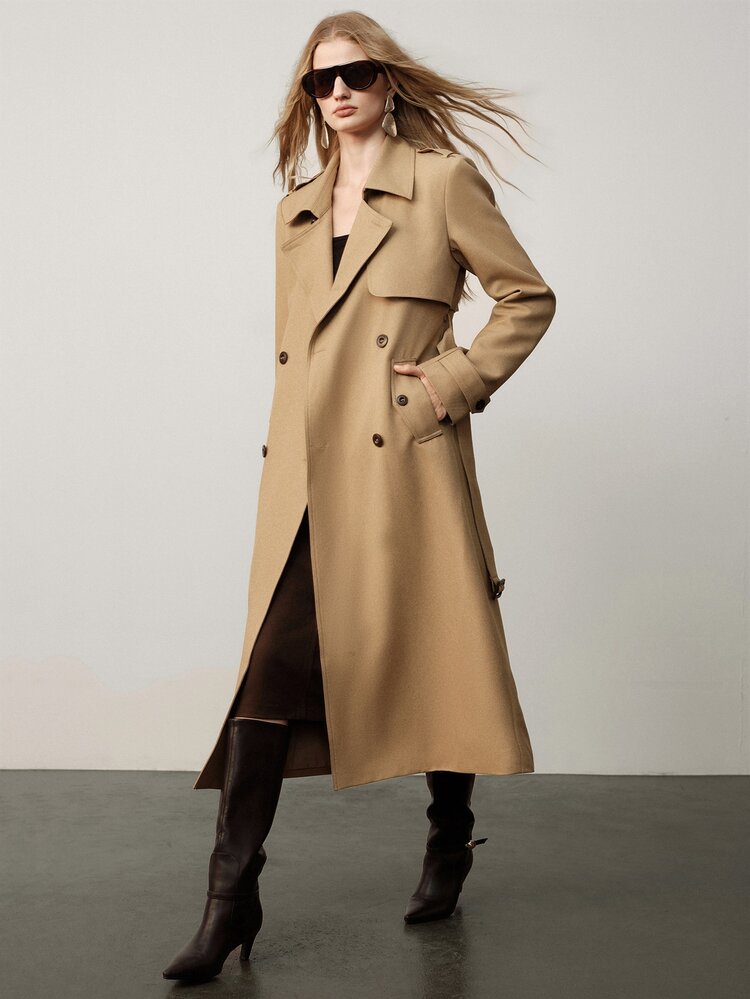 SHEIN Women's Trench Coat A-Line Slim Fit Double Breasted Lapel Belted Elegant Business Camel Fall Clothes For Women Thanksgiving - Khaki - View 4