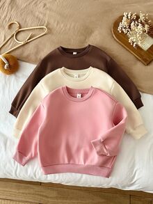 SHEIN LMoss Kids 女童 3 件組 針織純色圓領寬鬆休閒秋冬衛衣套裝 - 彩色 - 查看 7