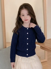 Dazy Kids Young Girls' Casual Cardigan Sweater, Basic Autumn/Winter Outer Layer, Navy Blue Contrast Color Button Front - Navy Blue - View 8