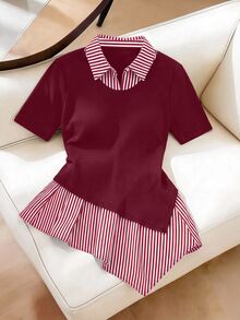 GlowEve CURVE Atasan Wanita Ukuran Besar dengan Motif Garis-Garis dan Potongan Asimetris - Merah - View 4