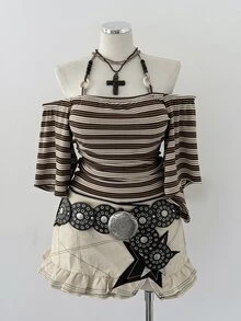 Sunspun Sweatshirt Leher Halter Off-Shoulder Bergaris Ukuran Plus - MultiWarna - View 6