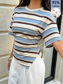 Aloruh 女款早秋休閒條紋T恤，腰部抽繩設計與不對稱下擺，95%棉，百搭Y2K風格 - 藍色 - 查看 5