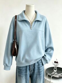 SHEIN Sparklyn 青少年女孩秋冬休閒百搭純色運動衫 - 藍色 - 查看 3