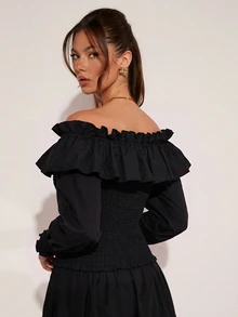 COSMINA Women's Casual Sexy Elegant Ruffle Long Sleeve Top Halloween Party Going Out Black Autumn - Black - View 2