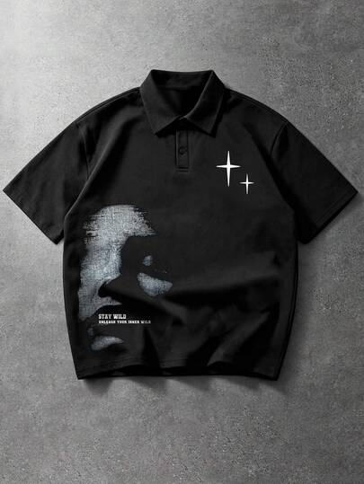 Manfinity EMRG Men's Short Sleeve Polo Shirt, Black Body, Distressed Portrait Silhouette Print + Four-Corner Star Pattern + Text Slogan, Street Dark Style