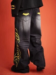 ROMWE MEN Batman X ROMWE 男士字母印花寬腿牛仔褲 - 黑色 - 查看 3