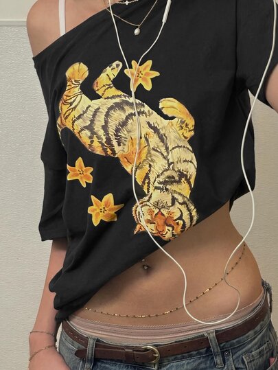 SHEIN Women's Tiger Print Asymmetric Collar T-Shirt