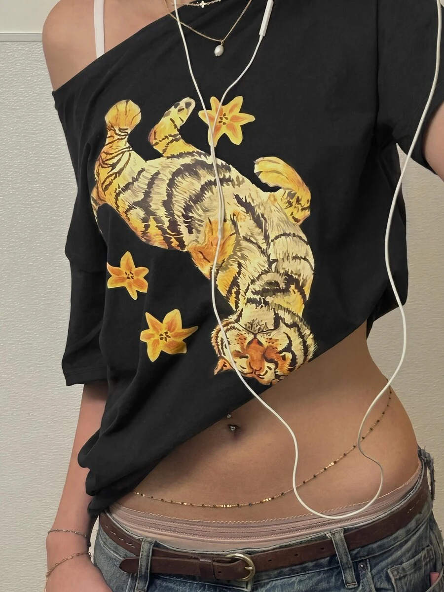 SHEIN Women's Tiger Print Asymmetric Collar T-Shirt - Multicolor - View 1