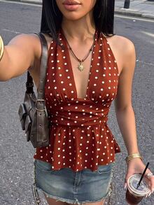 SHEIN Women's Polka Dot Halter Neck Tank Top, Fashionable Casual Sleeveless Vest For Spring And Autumn - Multicolor - View 1
