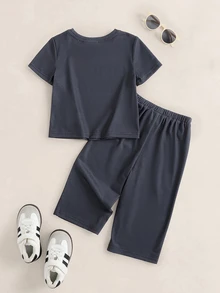 TOM & JERRY X SHEIN Baby Boy Cartoon Print Round Neck Short Sleeve T-Shirt And Striped Long Pants 2pcs Set - Grey - View 2