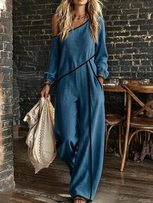 SHEIN Holidaya Jumpsuit Wanita Musim Semi/Panas/Musim Gugur Motif Aprikot, Bahu Asimetris, Garis Kontras Hitam, Lengan Panjang, Potongan Pinggang Rapi, Kaki Lebar - Biru - View 7