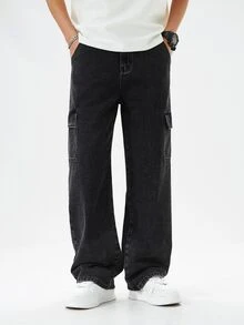SHEIN Mirajuku 青少年男孩戶外休閒工裝直筒牛仔褲 - 黑色 - 查看 3