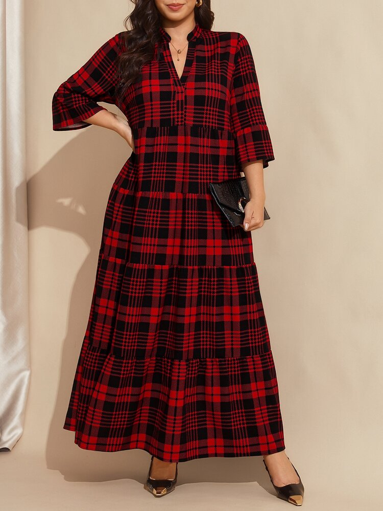 Comfylo Christmas Plaid Patchwork Tiered Maxi Skirt Plus Size - Red - View 11