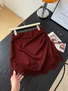 Muvela 女款優雅通勤純色蕾絲拼接裙 - 紅色 - 查看 7