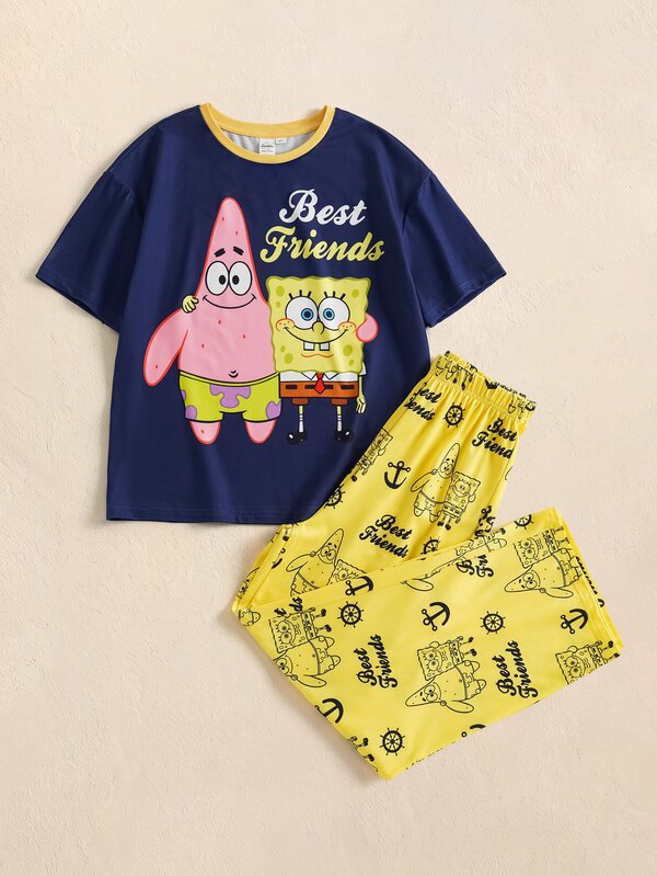 SpongeBob SquarePants | SHEIN 大童男孩卡通印花短袖上衣與長褲休閒居家睡衣套裝