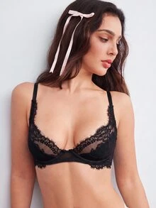 Elorette 黑色鋼圈聚攏蕾絲拼接浪漫經典女款內衣 - 黑色 - 查看 7