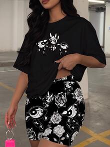 Slaydiva THE POWERPUFF GIRLS X SHEIN 大尺碼女款卡通印花短袖上衣與短褲兩件套 - 彩色 - 查看 1