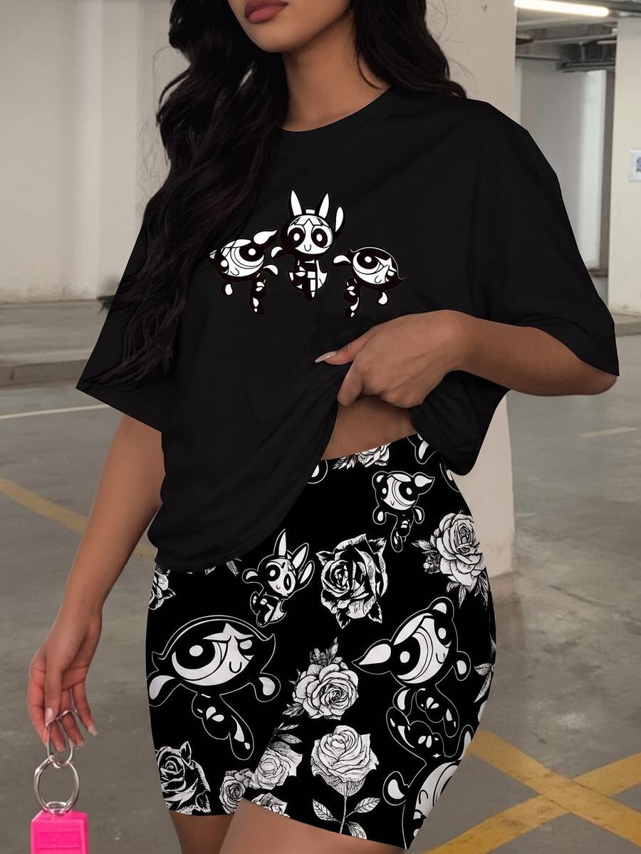 Slaydiva THE POWERPUFF GIRLS X SHEIN 大尺碼女款卡通印花短袖上衣與短褲兩件套 - 彩色 - 查看 1