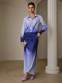 ZEYLAH Women's Gradient Color Long Sleeve Top And Skirt Casual 2 Pieces Set - Purple - View 4
