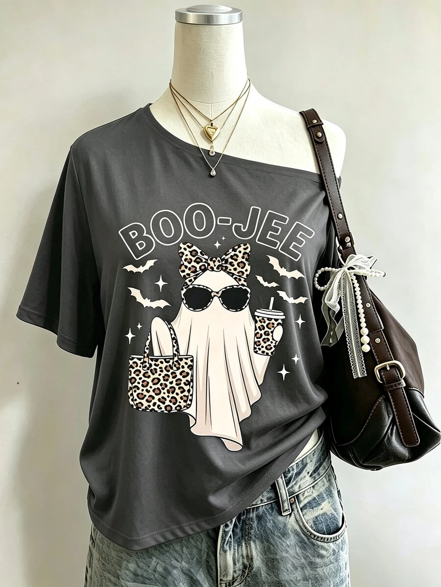 Lalippa 萬聖節 BOO-JEE 豹紋幽靈女款圓領不對稱肩寬鬆版型 T-shirt，適合派對與日常穿著 - 杏色 - 查看 1